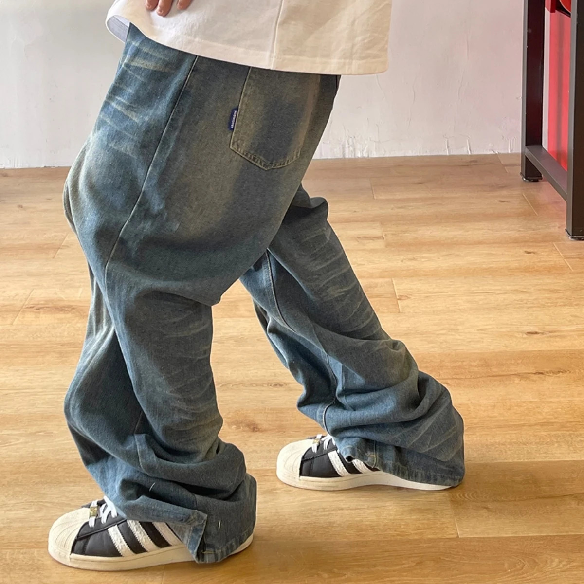 Korean clothing interesting coneshaped steel wire jeans mens hiphop luggage street denim pants trend Trouser 240819