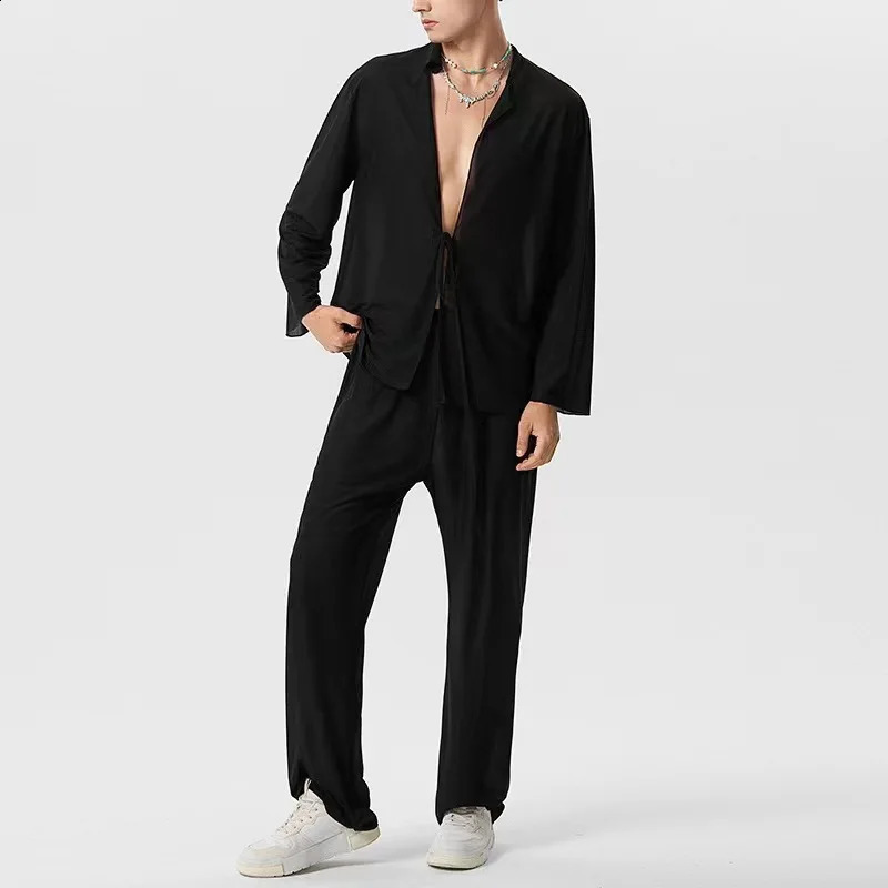 Mens Thin Solid Color Sexy suits Deep V-Lace Long Sleeved Cardigan Shirt Perspective Pants Fashion Clothing Male Two Piece Set 240819