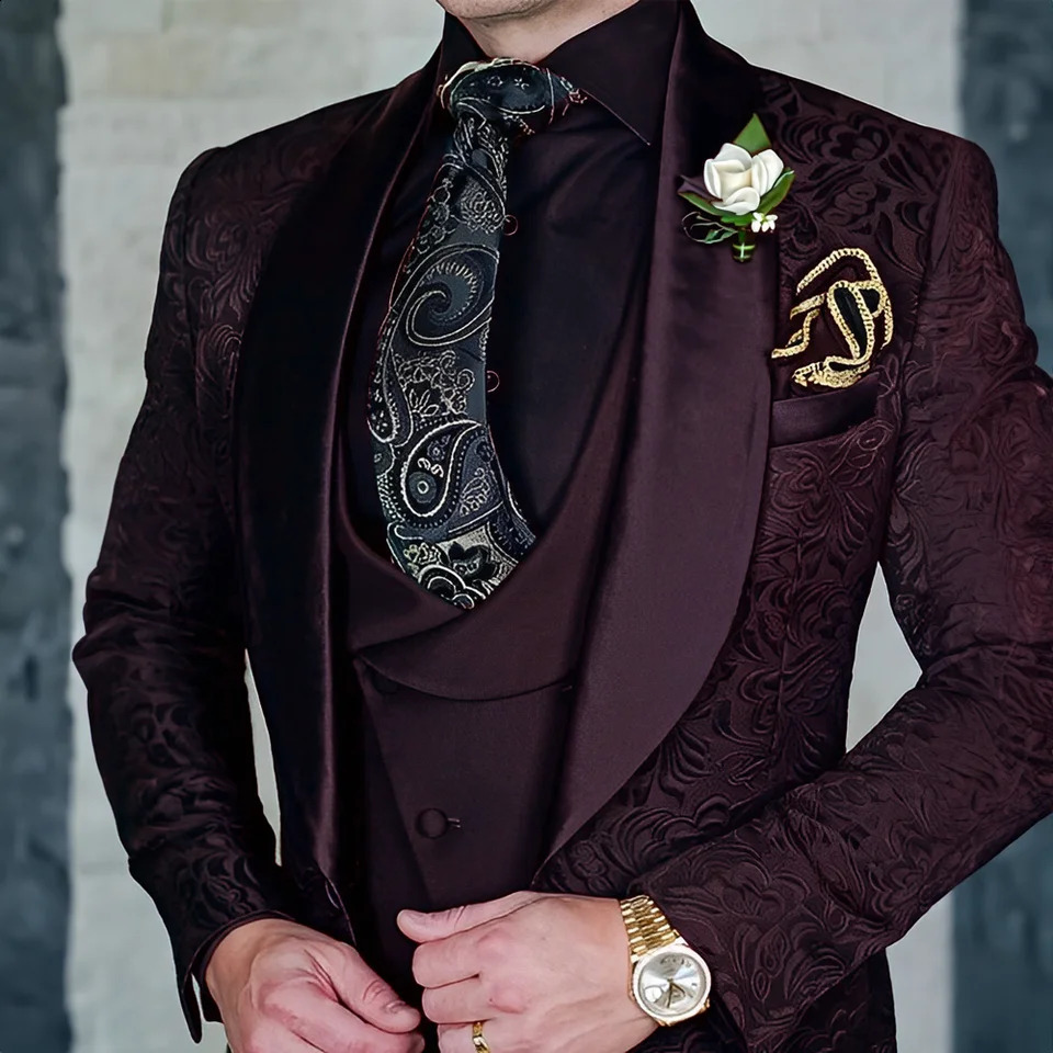 Jacquard Mens 3-piece Suit Set Formal Party Dress Grooms Tuxedo High Quality Elegant Mens Customized Outfit 240819