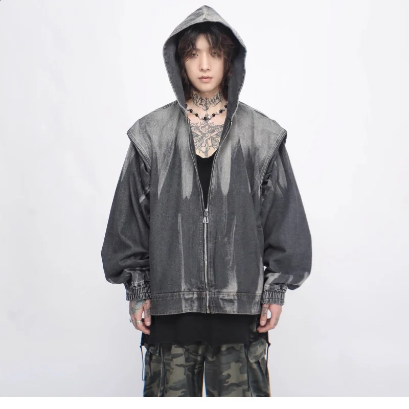 Y2K High Street Hooded Denim Jacket Mens Spring Tie Dye Gradient Retro Cowboy Hoodie Zipper Loose Unisex Bomber Coats 240819