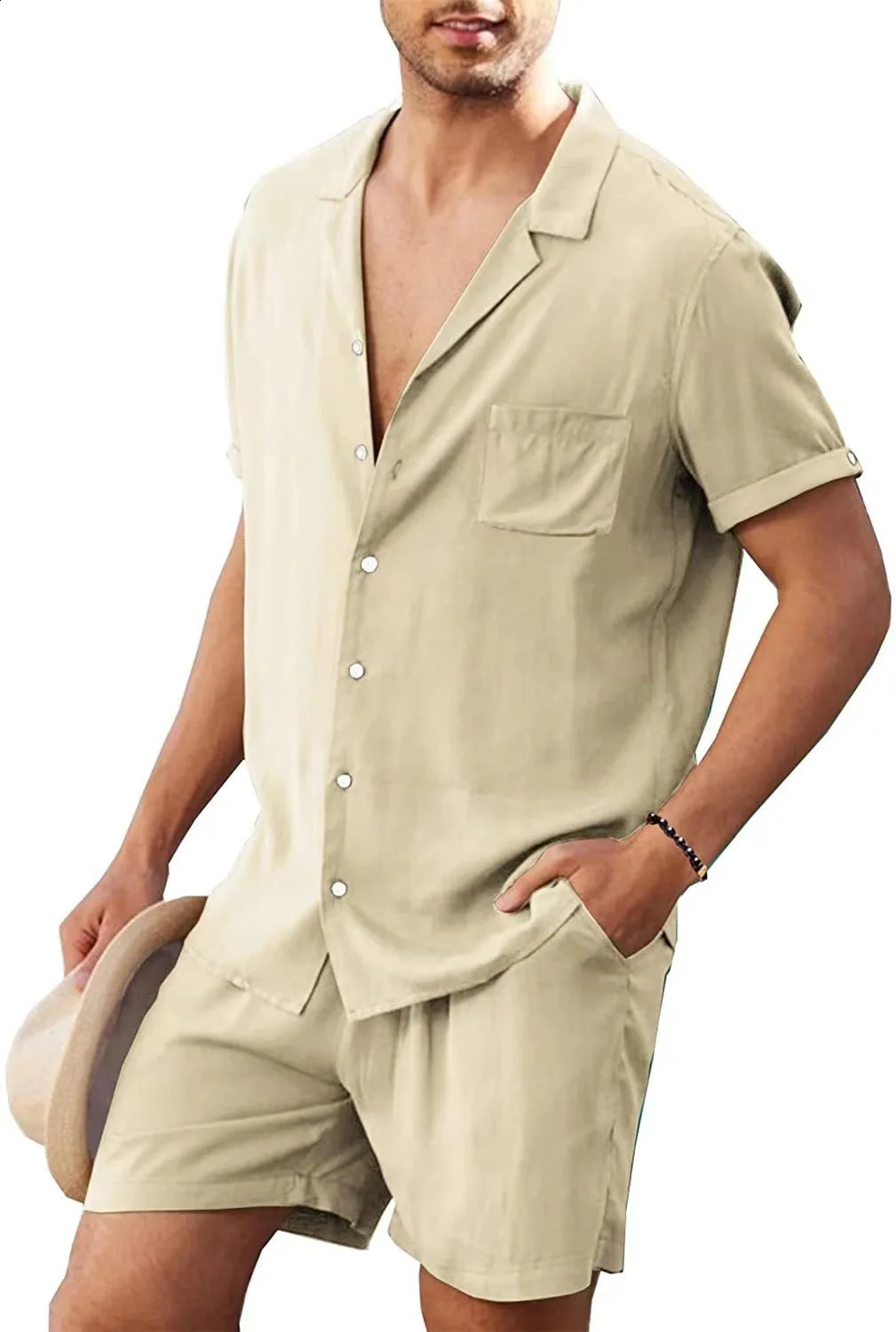 Fashion Mens Short Sleeve Shirt Set Woven Quick Dry Summer Loose Casual Cool Cardigan Shirt Shorts Lazy Exercise 240819