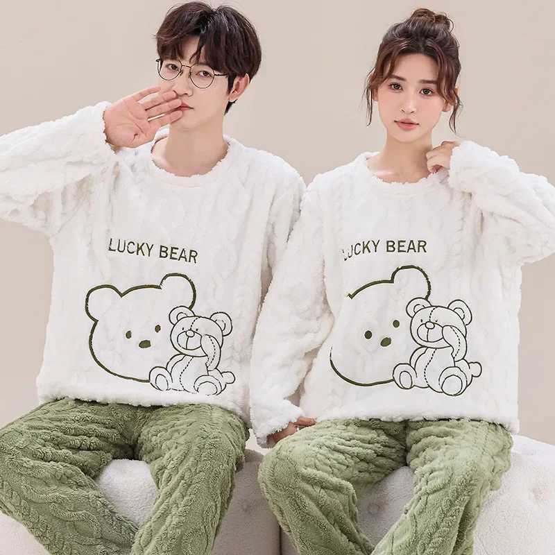 New couple pajamas set Warm flannel plush winter long sleeved O-neck pajamasW240719