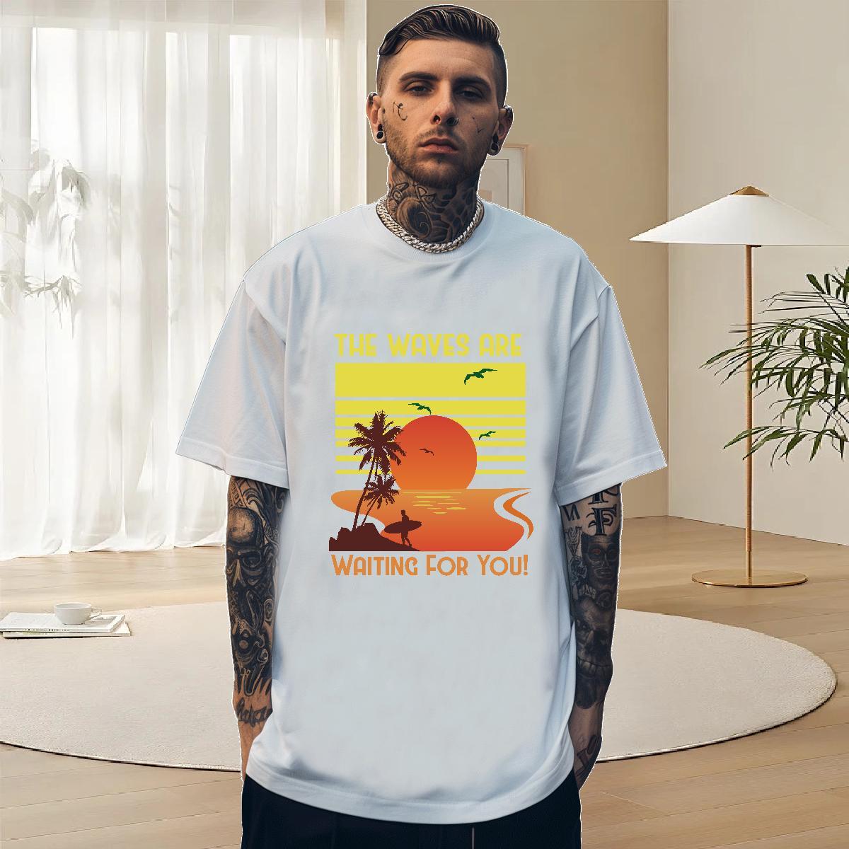 TOP Quality Couples T Shirts Beach 230g Cotton Custom Cartoon Round Neck Short Sleeve beach T shirt Fashion Casual Clothes