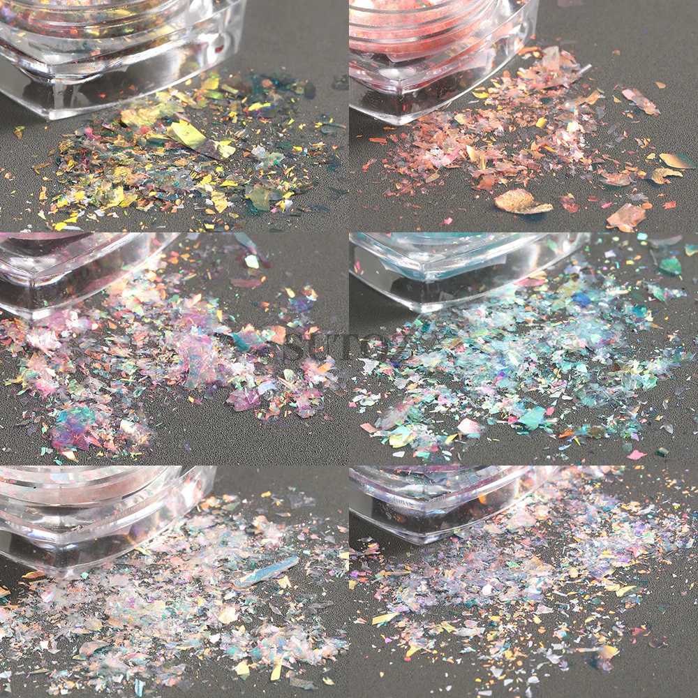 2 Boxes Shiny Mermaid Opal Powder Chunky Nail Glitter Iridescent Pink Purple Chameleon Pigment Yuki Flakes Manicure PaillettesXJ240815
