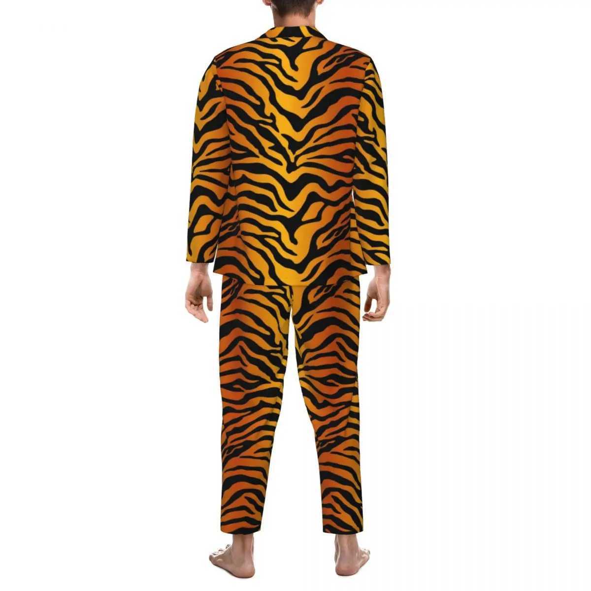 Tiger Stripes Yellow Pajama Set with Animal Print Romantic Pajama Mens Long Sleeve Retro Night 2-piece Pajama Large SizeW240719