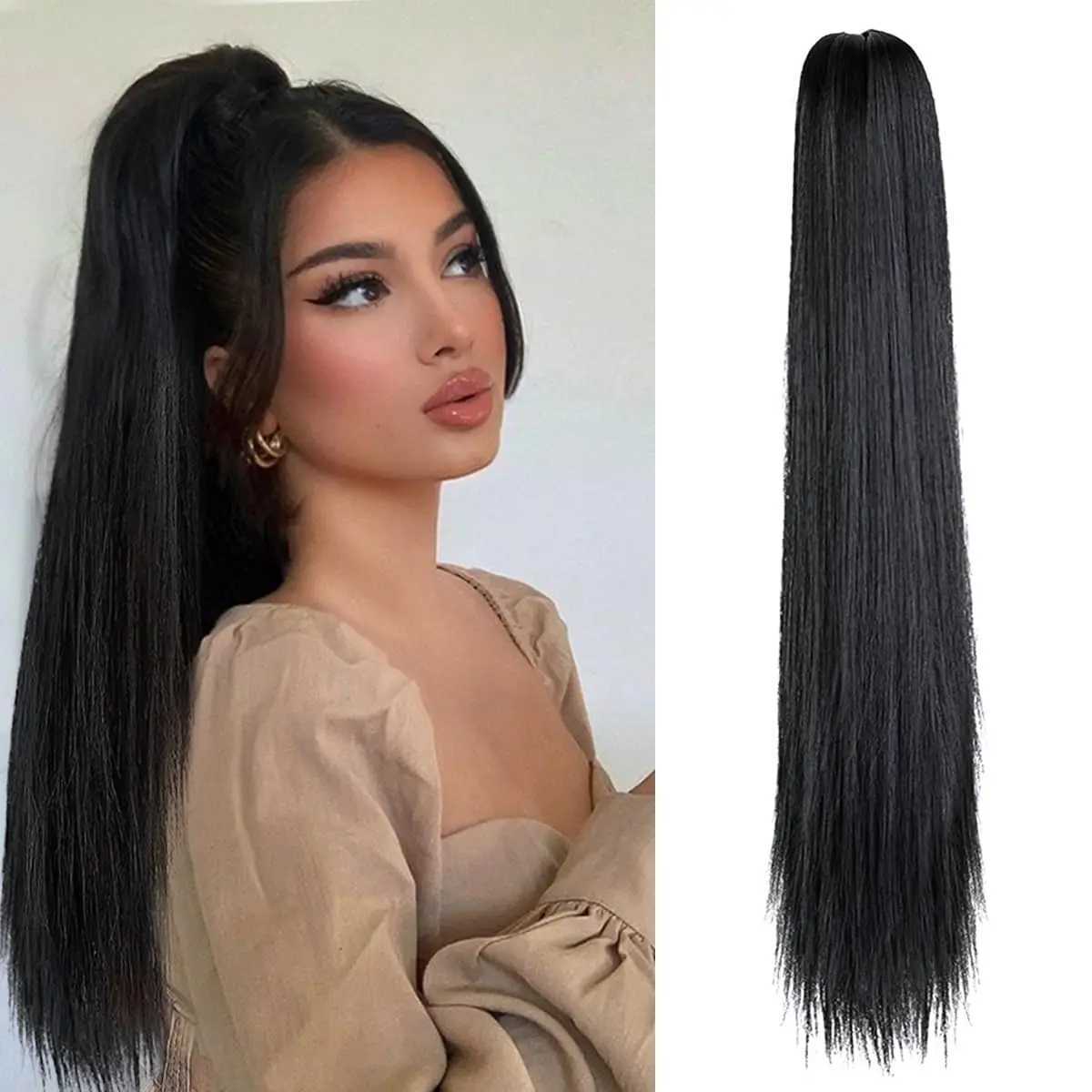 Claw Clip synthetic ponytail long straight black ponytail extension natural color easy to wear womens daily party wig W240817