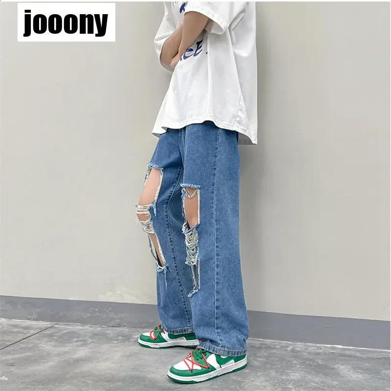 Fashion Y2K European American Personalized Loose Straight Leg Long Pants American Streetwear Hip Hop Retro Perforated Jeans Mens 240819