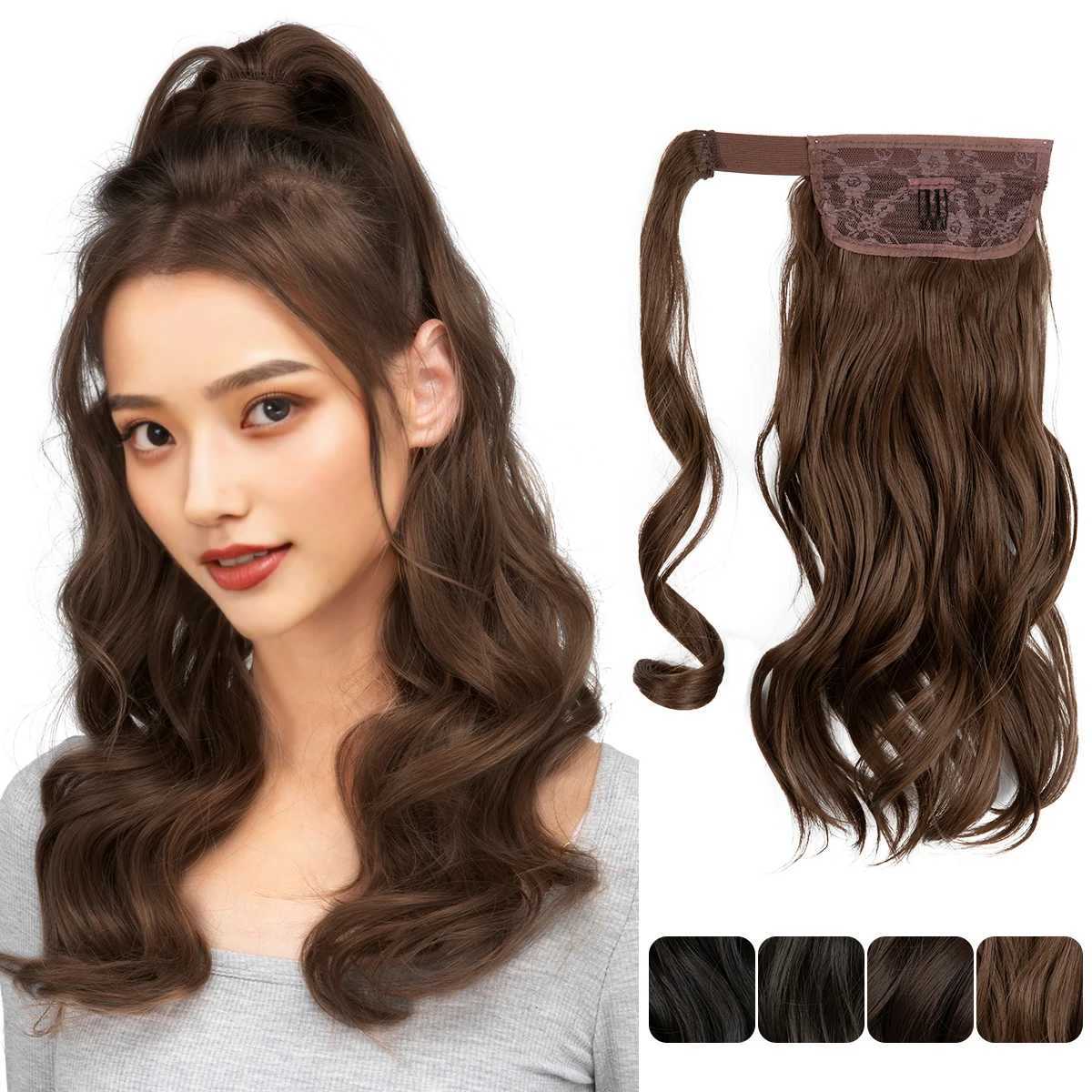 Synthetic long wavy ponytail with Dali hair extended and curled clipped onto a fake wig wrapped in black around the braid smooth fake tail W240817