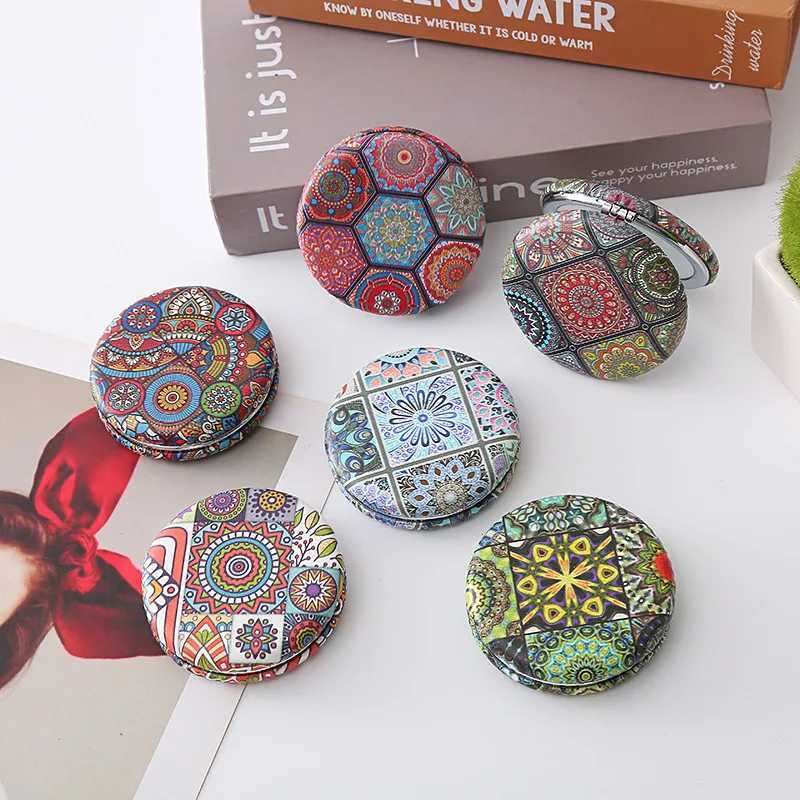 1 Piece Bohemian Style Makeup Mirror Portable Pu Double-Sided Folding Circular Retro Pocket Makeup Mirror Y240819