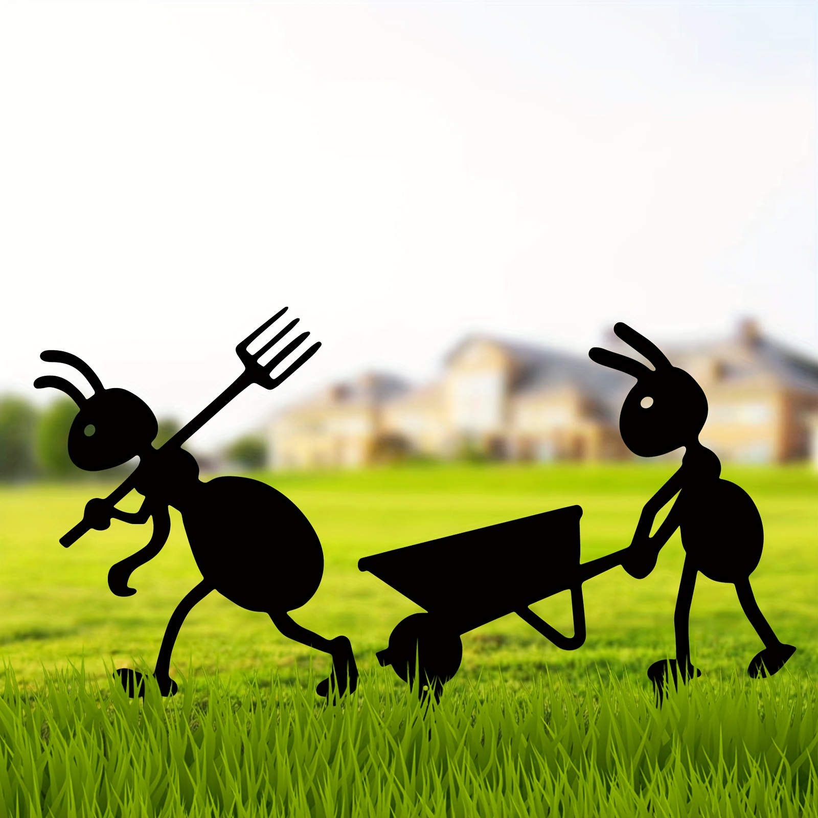 Garden decoration interesting work farm ants garden stake decoration with fork and wheelbarrow, black metal 2 pieces ants