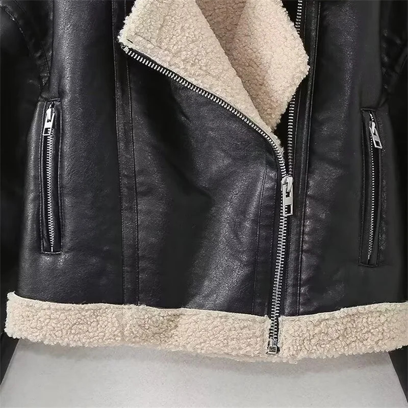 RZRA Womens Autumn and Winter Lapel Fashion Versatile Zipper Pocket Polar Fleece Double-sided Leather Short Jacket 240819