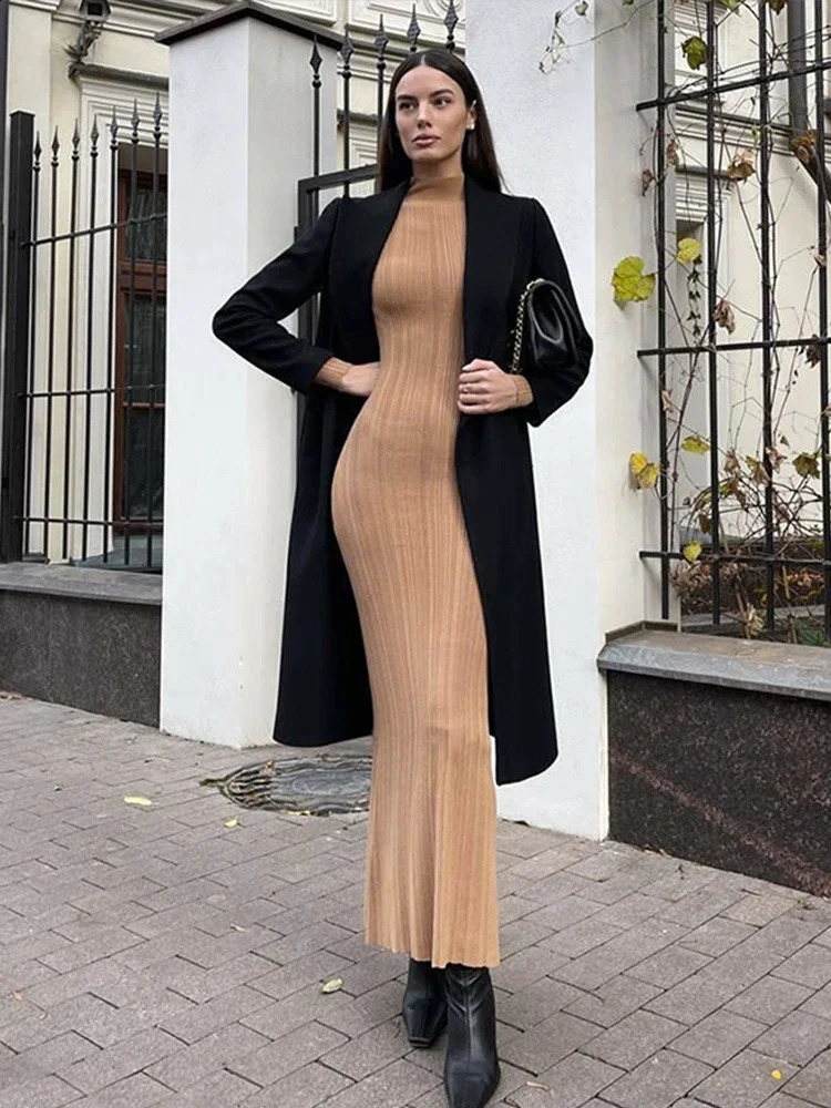 Turtleneck Knitted Women Dresses Sexy Solid High Waist Hip Package Lady Dress Elegant Long Sleeve Slim Female Vestidos 240819