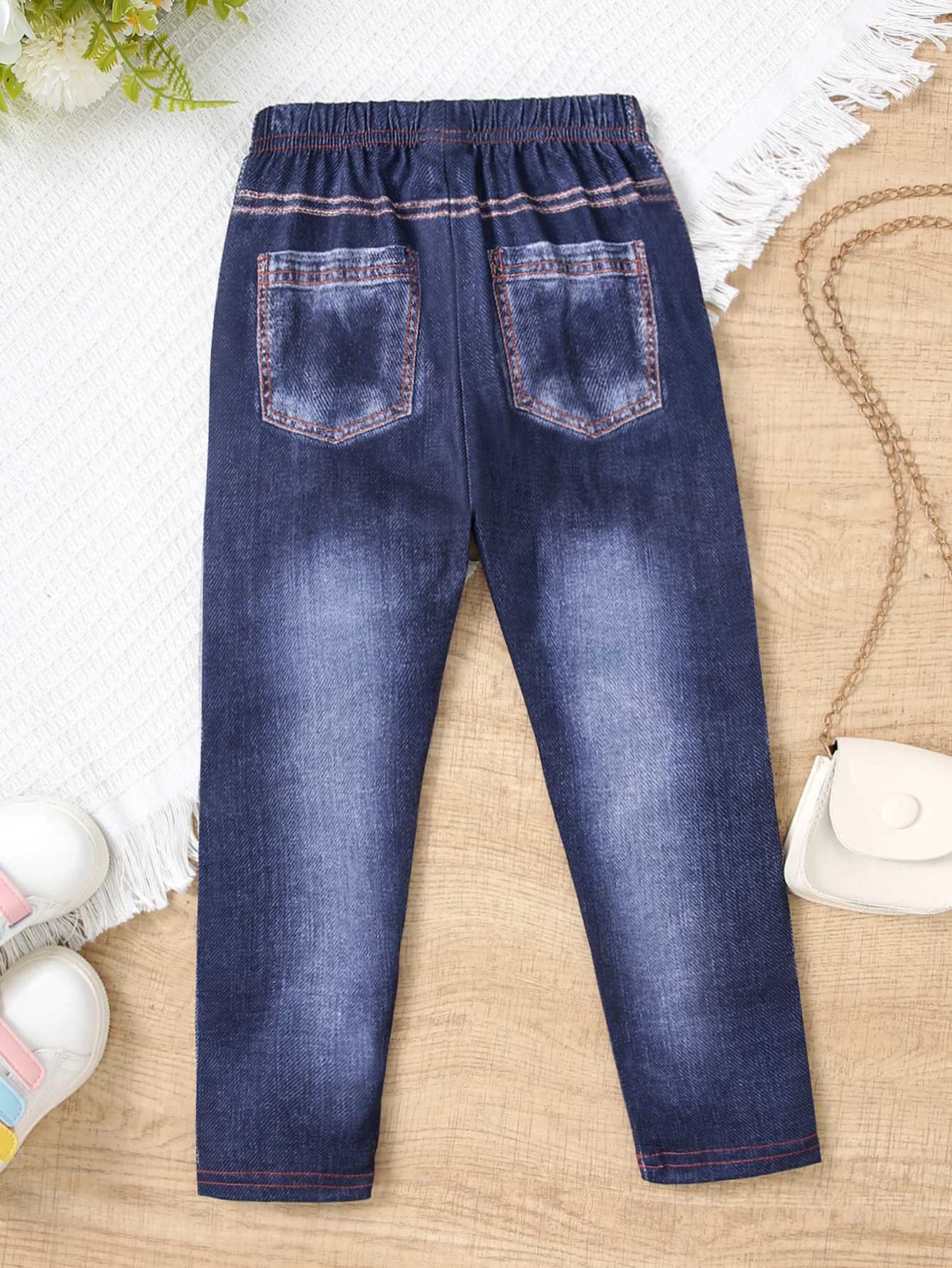 Spring and summer imitation denim childrens girls tear pocket pants fashion retro pantsW240819