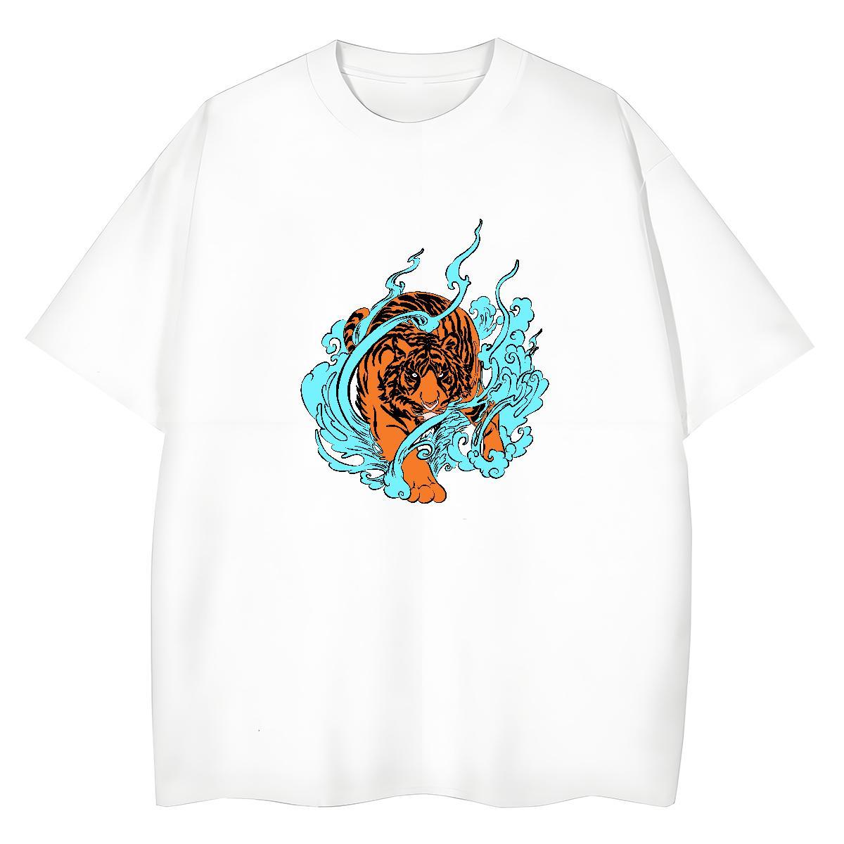 Wholesale Men Tshirts tiger Summer Casual 230g Pure Cotton Tops Breathable Short Sleeve Unisex T Shirts Men White Plus Size