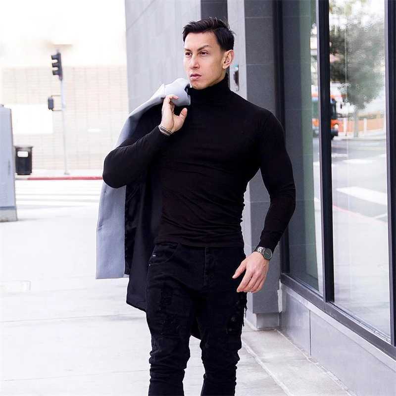 Autumn New Turtleneck T Shirts Men Knitting Shirt Slim Fit Fitness Elastic Clothes Long Sleeve T-Shirt Casual High Neck TopsXJ240819