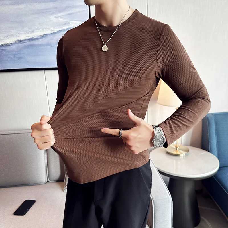 High Elastic T-shirt Men 2023 Autumn New Long Sleeve Round Neck T-shirt Solid Casual Slim Fit White Black T-shirt Men ClothingXJ240819