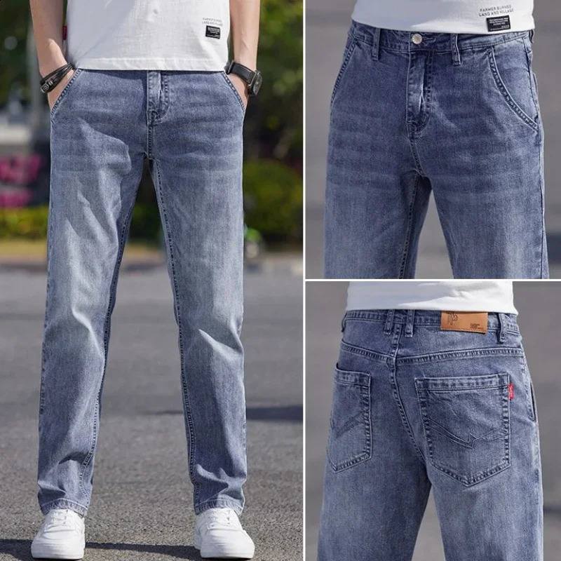 Straight Trousers Jeans for Men Stretch with Pockets Elastic Man Cowboy Pants Fashion Trend Grunge Y2k Original Aesthetic 240819
