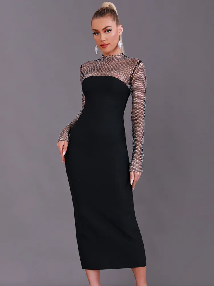 Women Winter Sexy Long Sleeve Diamonds Sparkly Black Midi Bodycon Bandage Dress Elegant Evening Celebrity Party Club Dress 240819