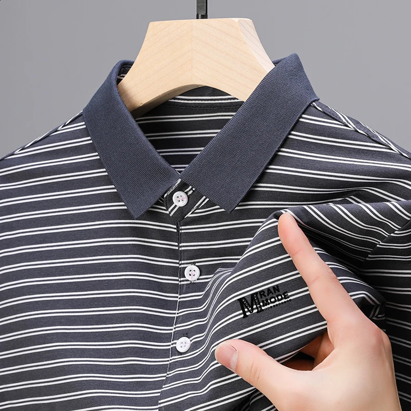 Summer Fashion Striped Polo Shirt for Mens Printed Short sleeved High end Silk Cotton Breathable Business Casual lapel T-shirt 240820
