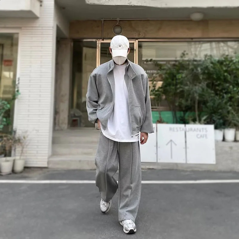 Spring Autumn Set Korean Stand-up Collar Loose Cardigan Jacket Straight-leg Wide-leg Casual Sweatpant Outdoor Unisex Sports Suit 240819