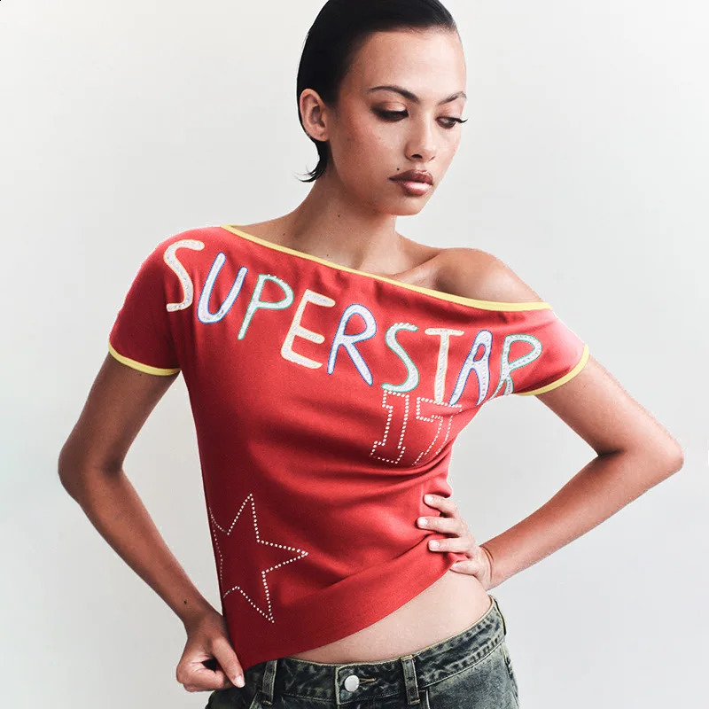 CUTENOVA Shoulder T-shirt Womens Summer Short Sleeve Letter Printed rhinestone Comfortable Casual Syteetwear Tight Top 240820
