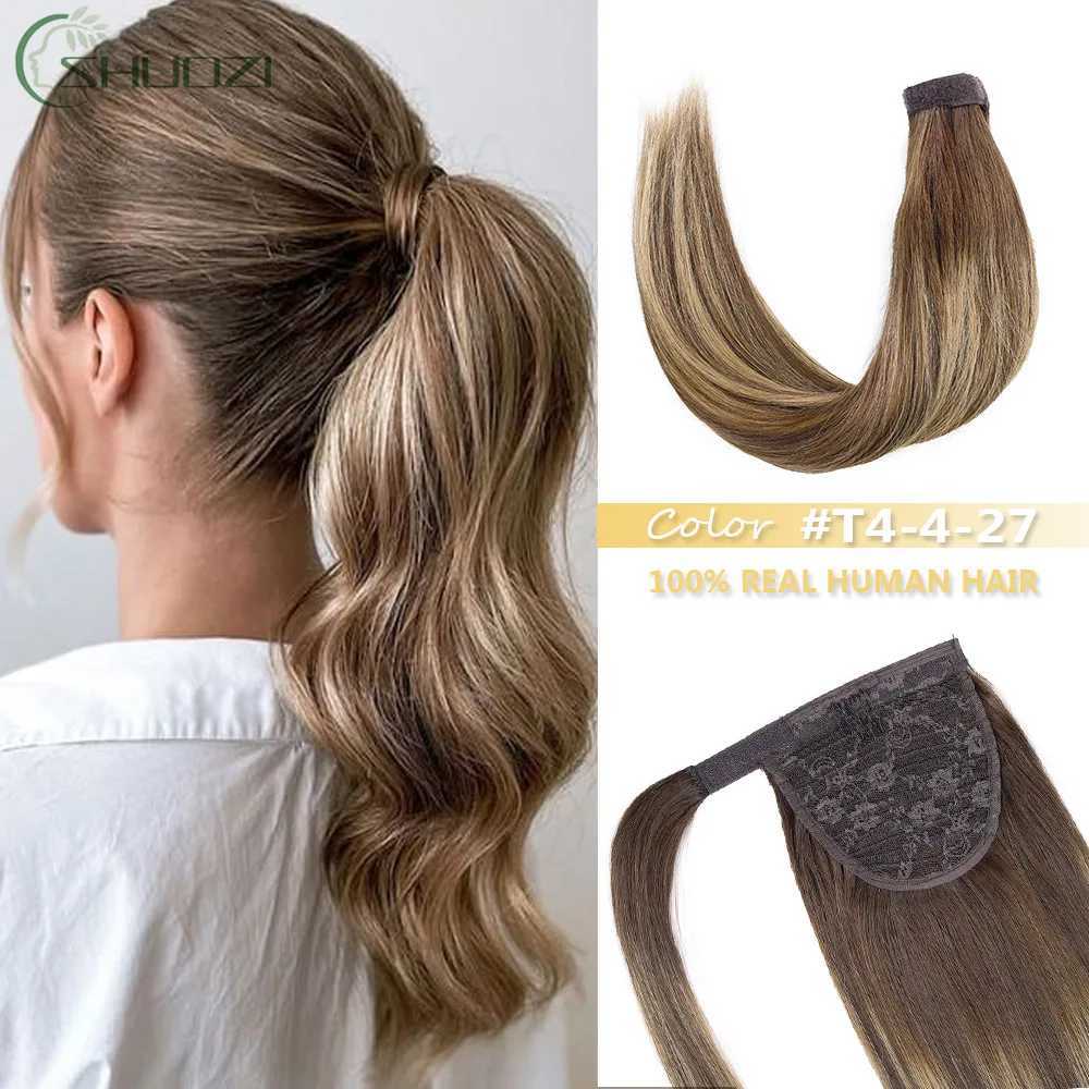 Clip style ponytail wrapped around a ponytail extending straight hair ponytail extension with magic paste W240817