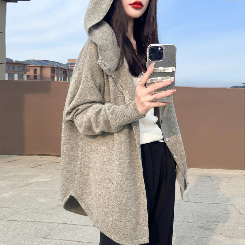 100% wool cardigan sweater womens hooded solid color long sleeved autumn and winter knitted casual warm 240819