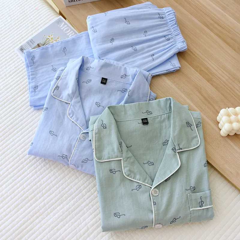 Mens sleepwear winter long sleeved pants pure cotton simple glasses printing home service set autumn sleepwear mens sleepwearW240719