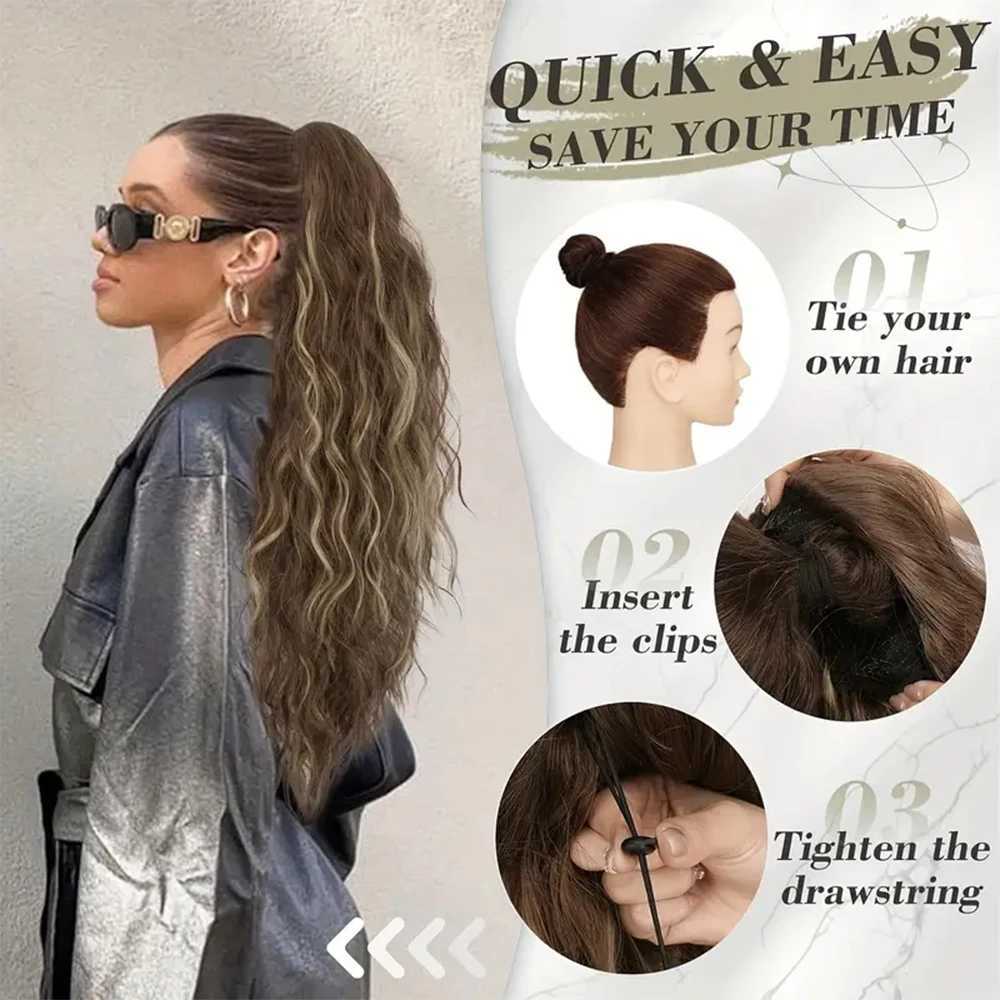 1 piece of 30 inch fluffy Ombre blonde curly water wave brushed ponytail hair extension synthetic clip style hairstyle W240817
