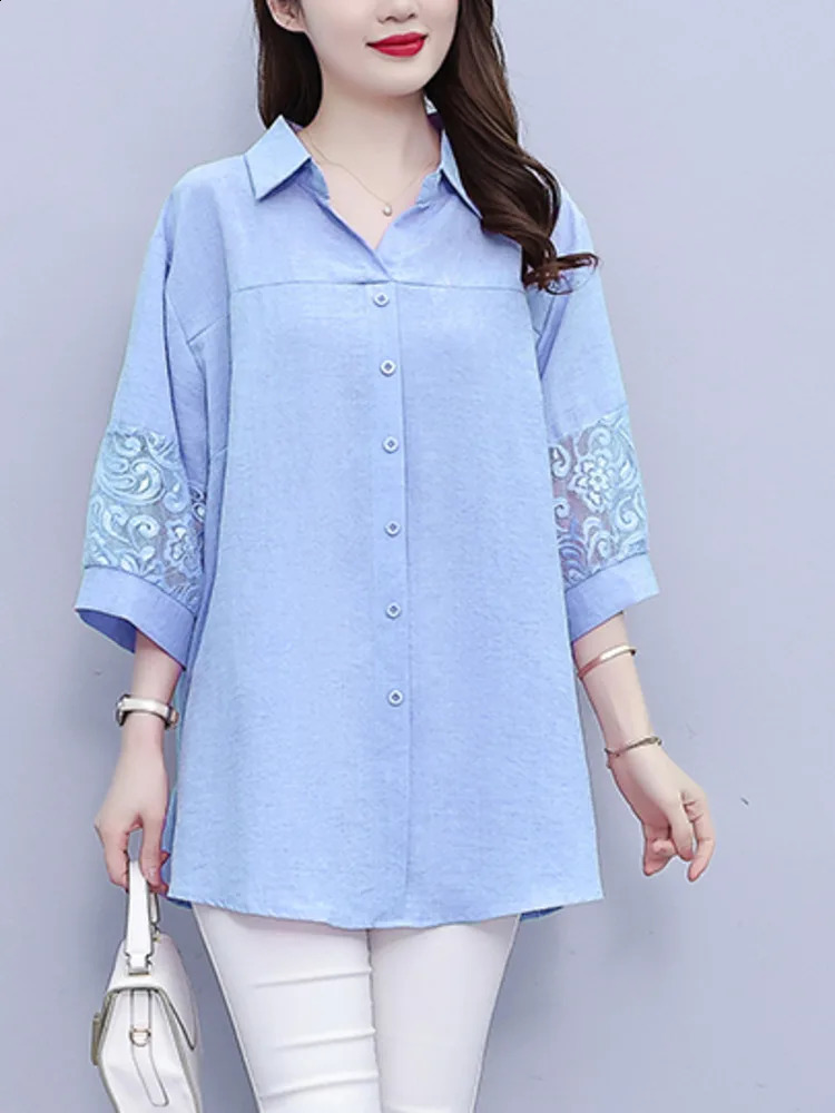 Wxw2824 Pink Blue Office Shirt Womens Half Sleeve Splicing Lace Hollow Joint Top and Collar 240814
