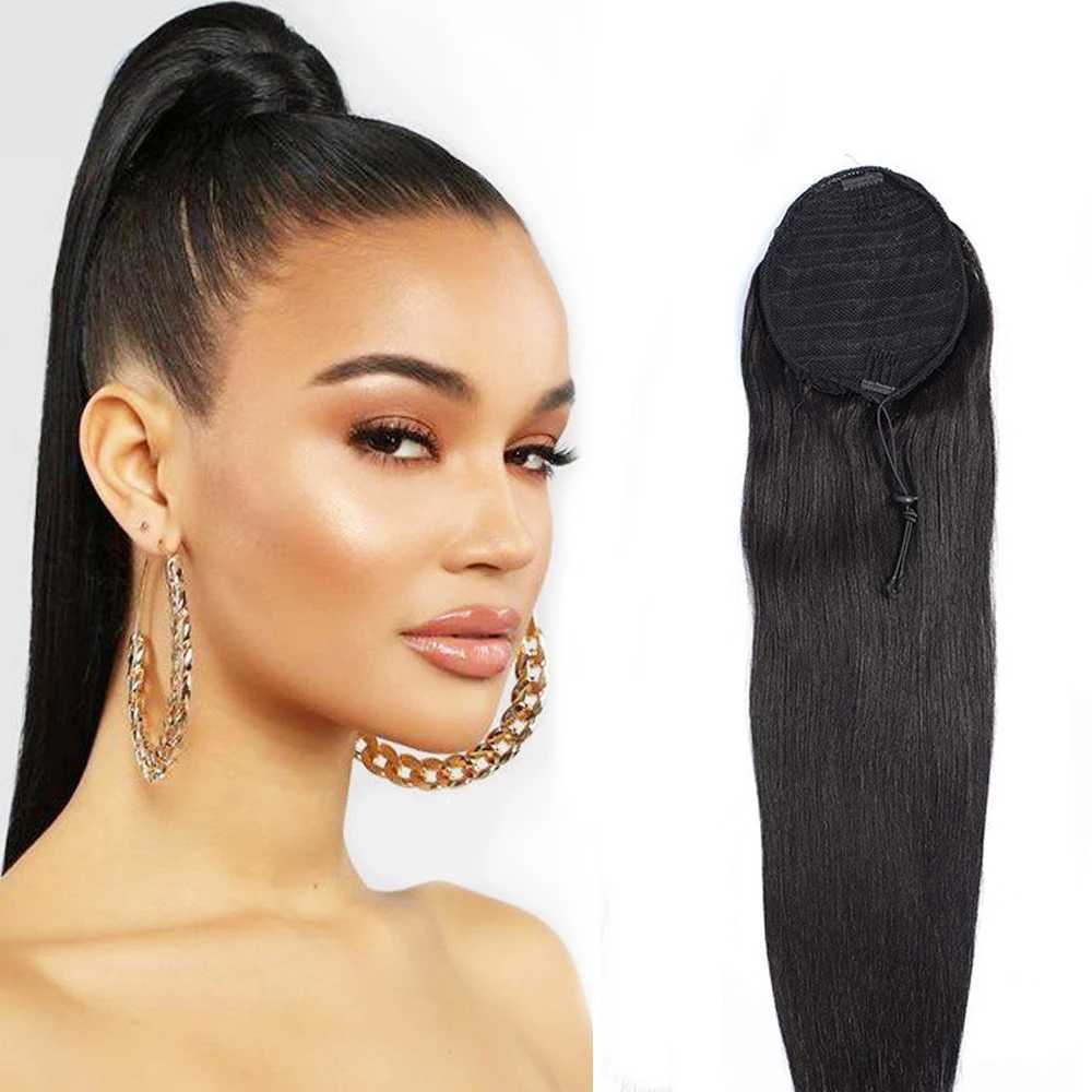 30 32 34 inch ponytail human hair extension straight ponytail brushed and packaged 10A high quality W240817