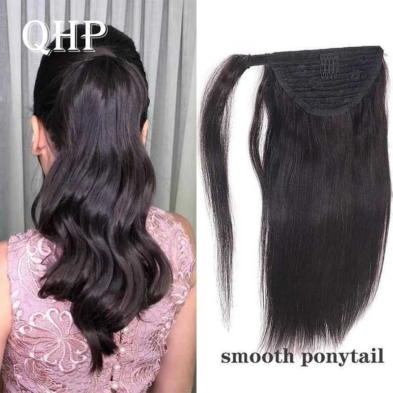 QHP straight ponytail human glowing smooth wrap ponytail hair clip in hair extension Brazilian ponytail natural hair- W240817