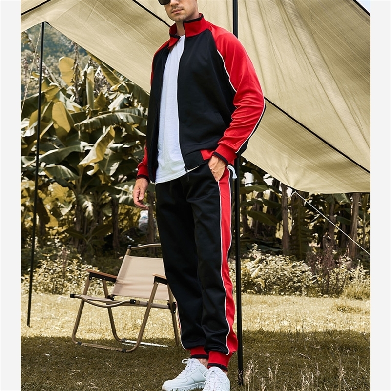 Spring Autumn Male Loose Casual Spliced Zipper Sweatshirt Elastic Waist Sweatpants Two Pieces Set Men Cardigan Top Fashion Pants 240819