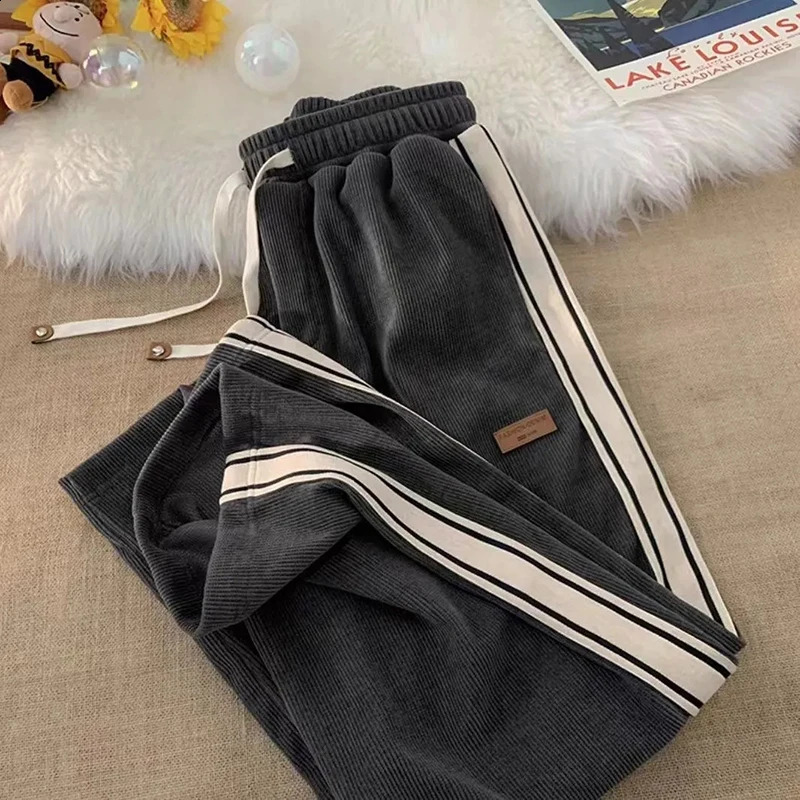 Fall Striped Corduroy Sweatpants Women Winter Thick High Waist Drawstring Wide Leg Trousers Y2K Korean All-Match Straight Pants 240820