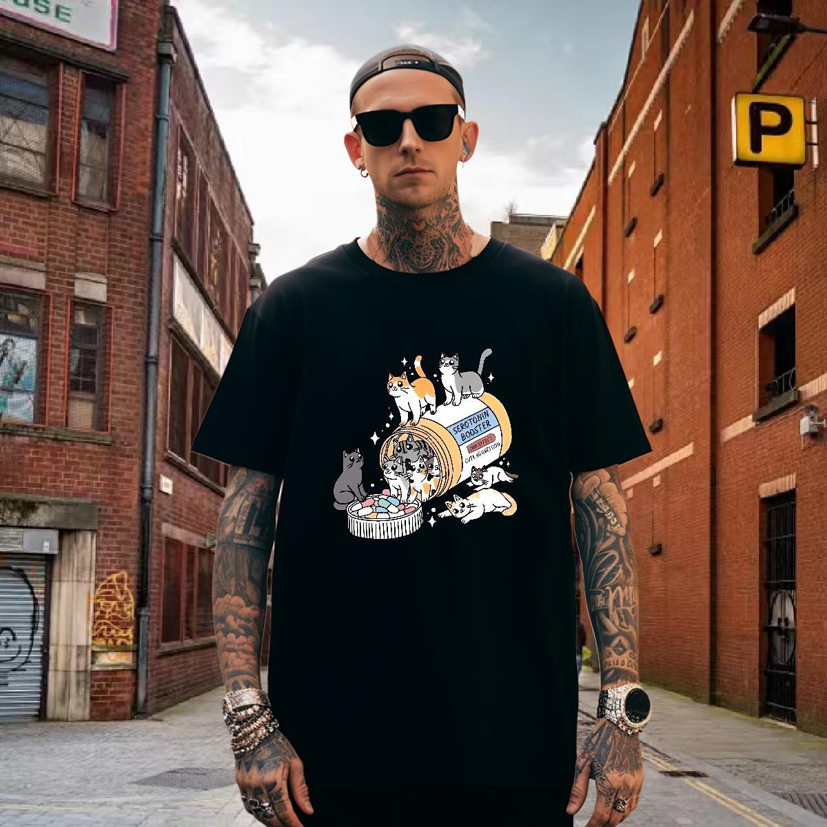 Loose Fit Man T Shirts cats O Neck Short Sleeves Street Casual Custom Anime 230g 100% Cotton Tshirt for Man Woman New Designer Clothings