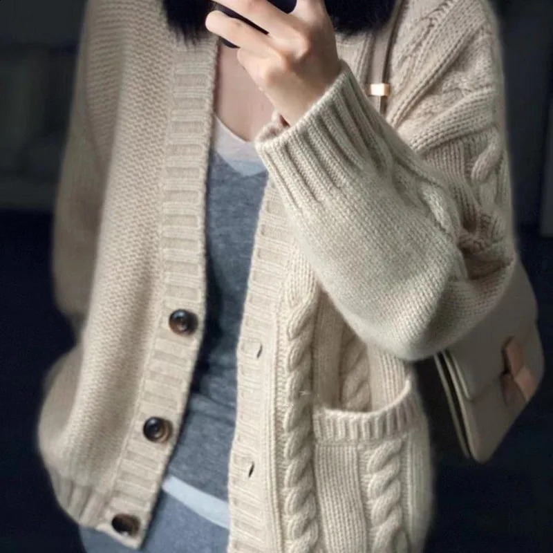 Vneck short sleeved knitted cardigan womens autumn and winter thick Korean casual loose long sweater jacket in 3 colors 240819