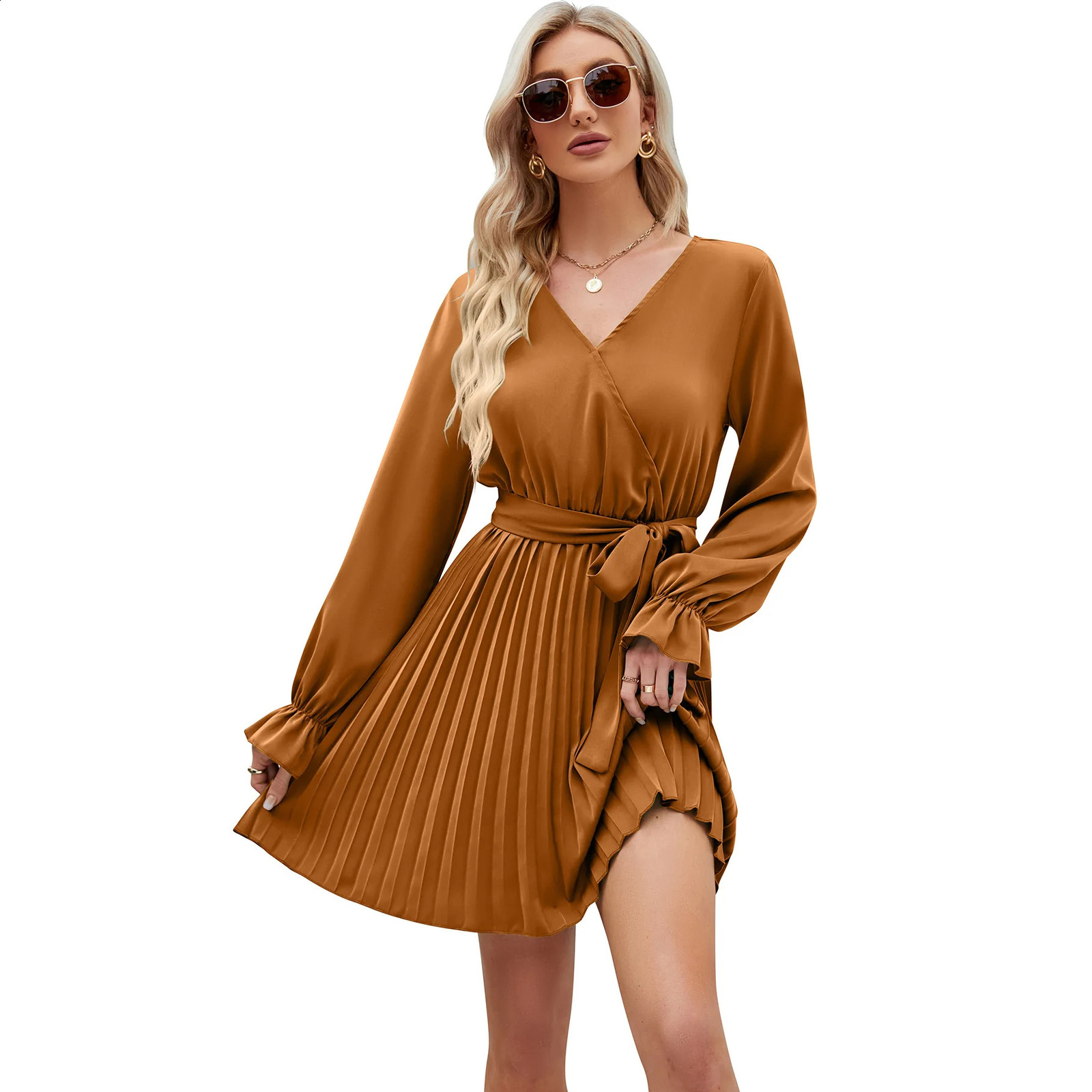 Womens Dress Spring Autumn Female Long Sleeve Dress V-neck Lace Casual Pleated Dress Soft Comfy Vintage Womens Dress 240819