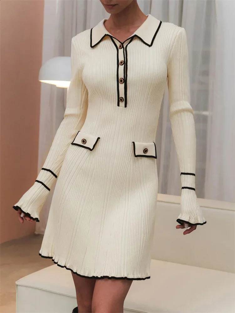 DAENERYS RES Spring Summer Fashion Women Dresses Elegant Ruffled Ribbed Long Sleeve High Street Lapel Knitting Vestidos 240819