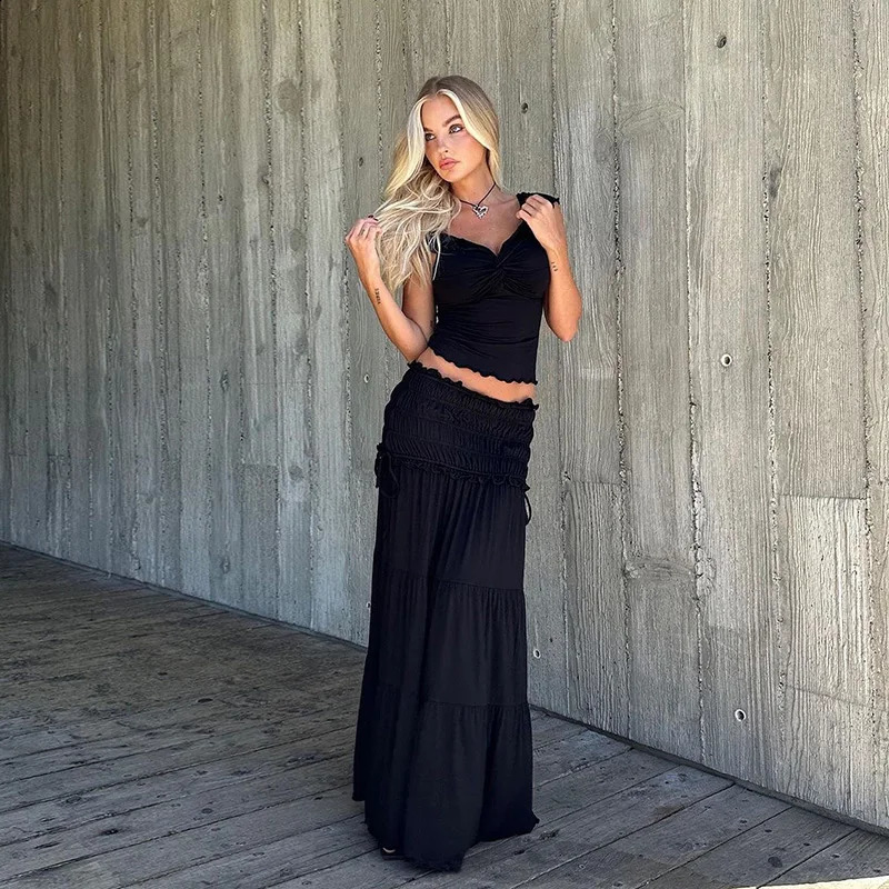 Lygens Off The Shoulder Sleeveless Cross Ruffles WomenS Tops Tshirts Solid Slim Summer Streetwear Fashion Casual Clothing 240819