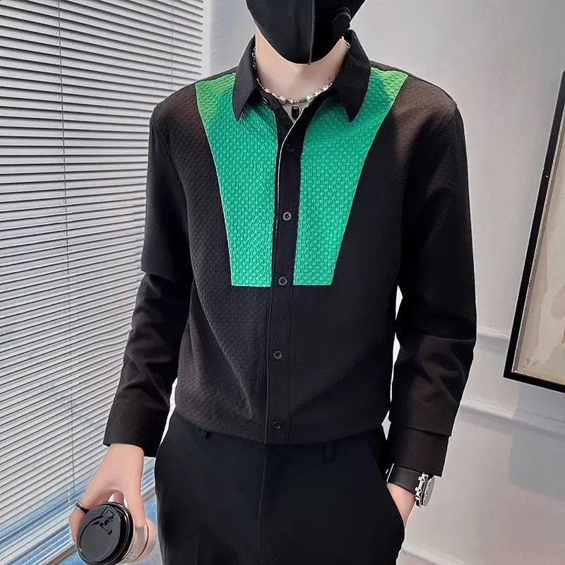 Spring Autumn Fashion Square Collar Long Sleeve Shirts Mens Clothing Button Color Blocking Cardigan Korean Loose Trend Blouse 240820