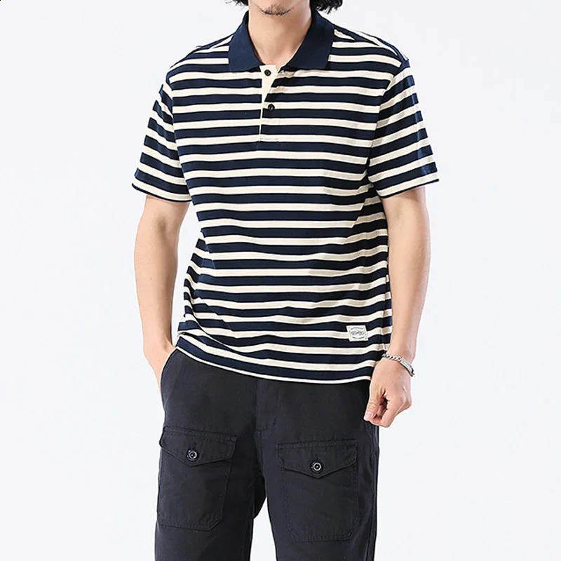 Summer American Retro Navy Stripe Fashion Polo Shirt Mens Simple Pure Cotton Short Sleeve Youth Casual T-shir 240820