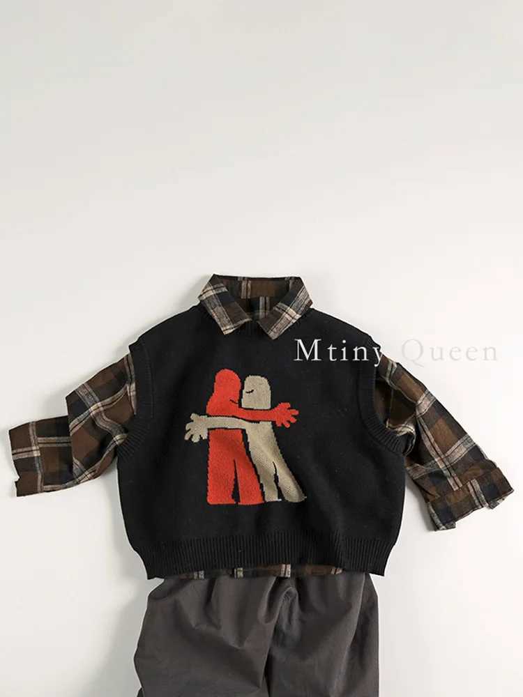 Autumn New Children Sleeveless Knitted Vest Fashion Print Boys Girls O-neck Loose Pullover Sweater Vintage Casual Kids ClothesXJ240819