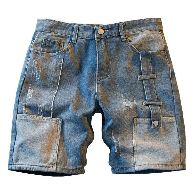 Mens short jeans pants cargo bag splicing work wide mens denim shorts loose trend Xl Korean fashion streetwear summer cutting 240819