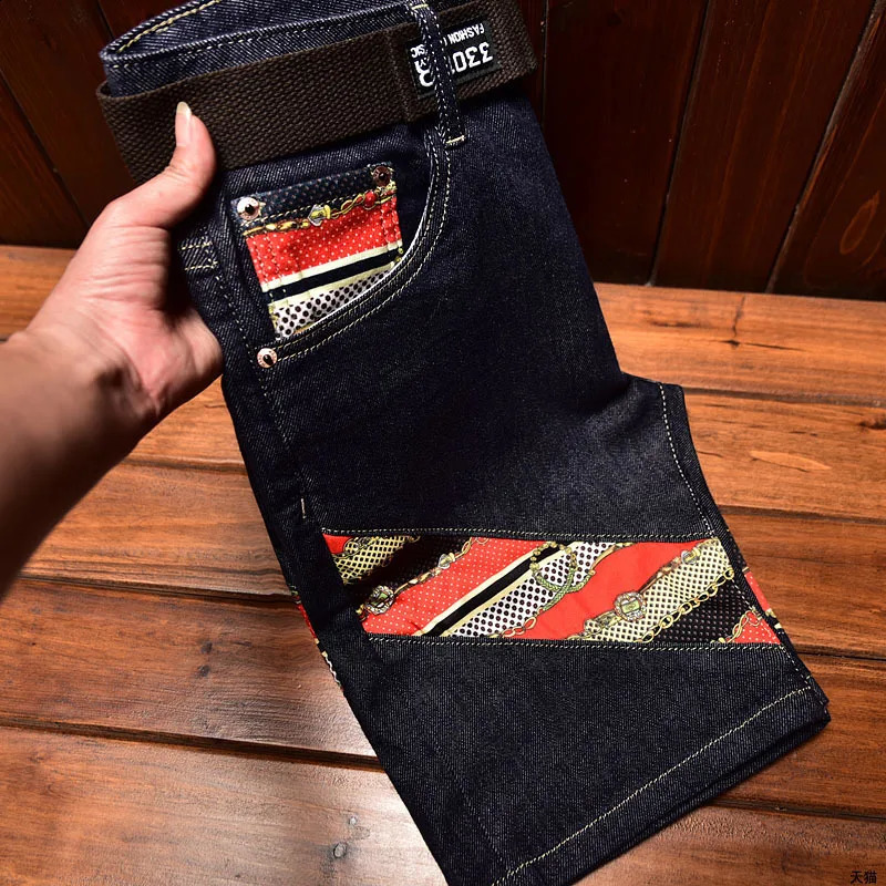 High end summer thin denim shorts mens pentagonal ultrathin fit printed fashionable Korean blue 240819