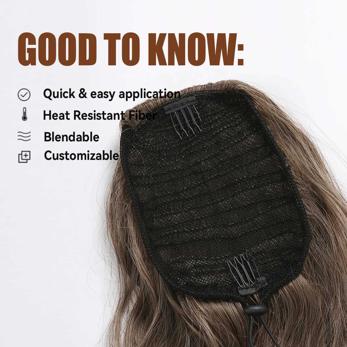 Ponytail hair extensions into a long wavy brushed ponytail suitable for brown women with golden highlights ponytail wig W240817