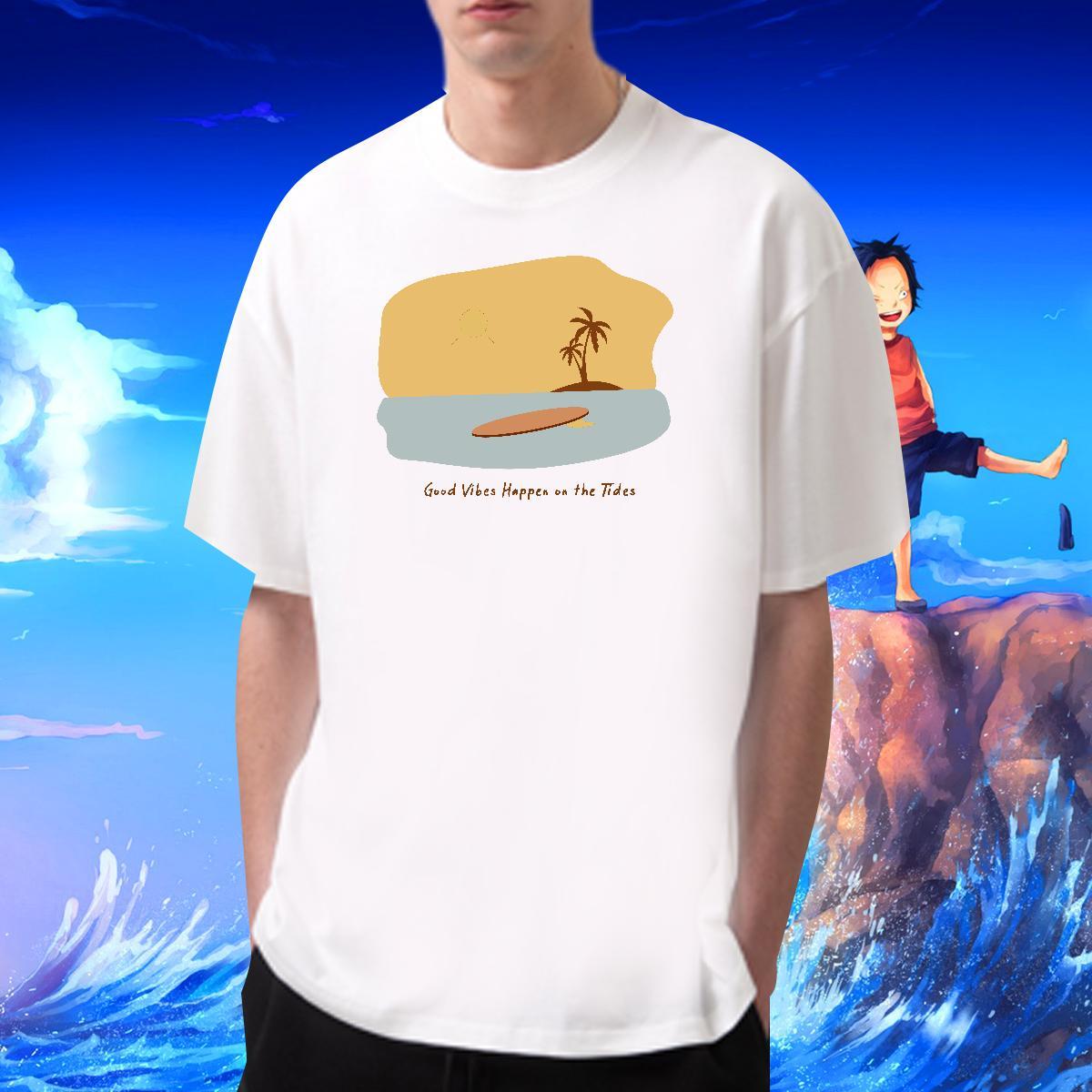 Unisex Tshirts Beach 230g Pure Cotton Customized Print Breathable Crew Neck wave Man T Shirts Classic Casual Clothes