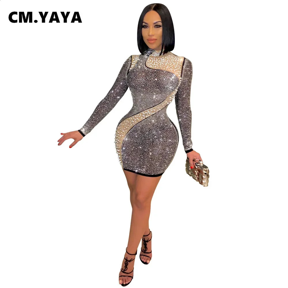 CM.YAYA Autumn Winter Sequins Beading Mesh Splicing Women Mini Dress Long Sleeve Bandage Bodycon Night Club Sexy Midi Dresses 240819