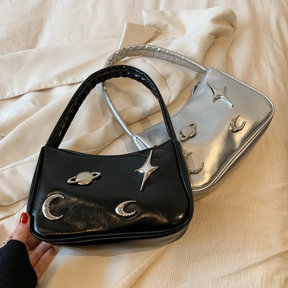 Women Retro Underarm Bag PU Leather Vintage Armpit Bag Moon Earth Star Trendy Underarm Handbag Female Daily Dating Bag 240819