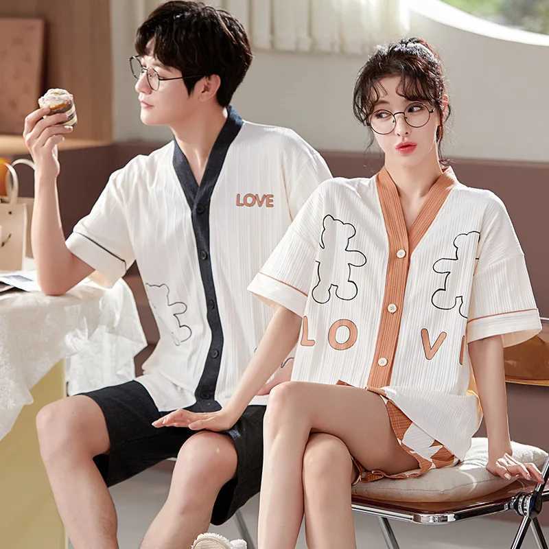 Summer couple pajamas set cartoon mens pajamas casual cotton short sleeved womens kimono pajamas mens unprinted pajamasW240719
