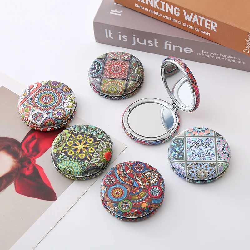 1 Piece Bohemian Style Makeup Mirror Portable Pu Double-Sided Folding Circular Retro Pocket Makeup Mirror Y240819